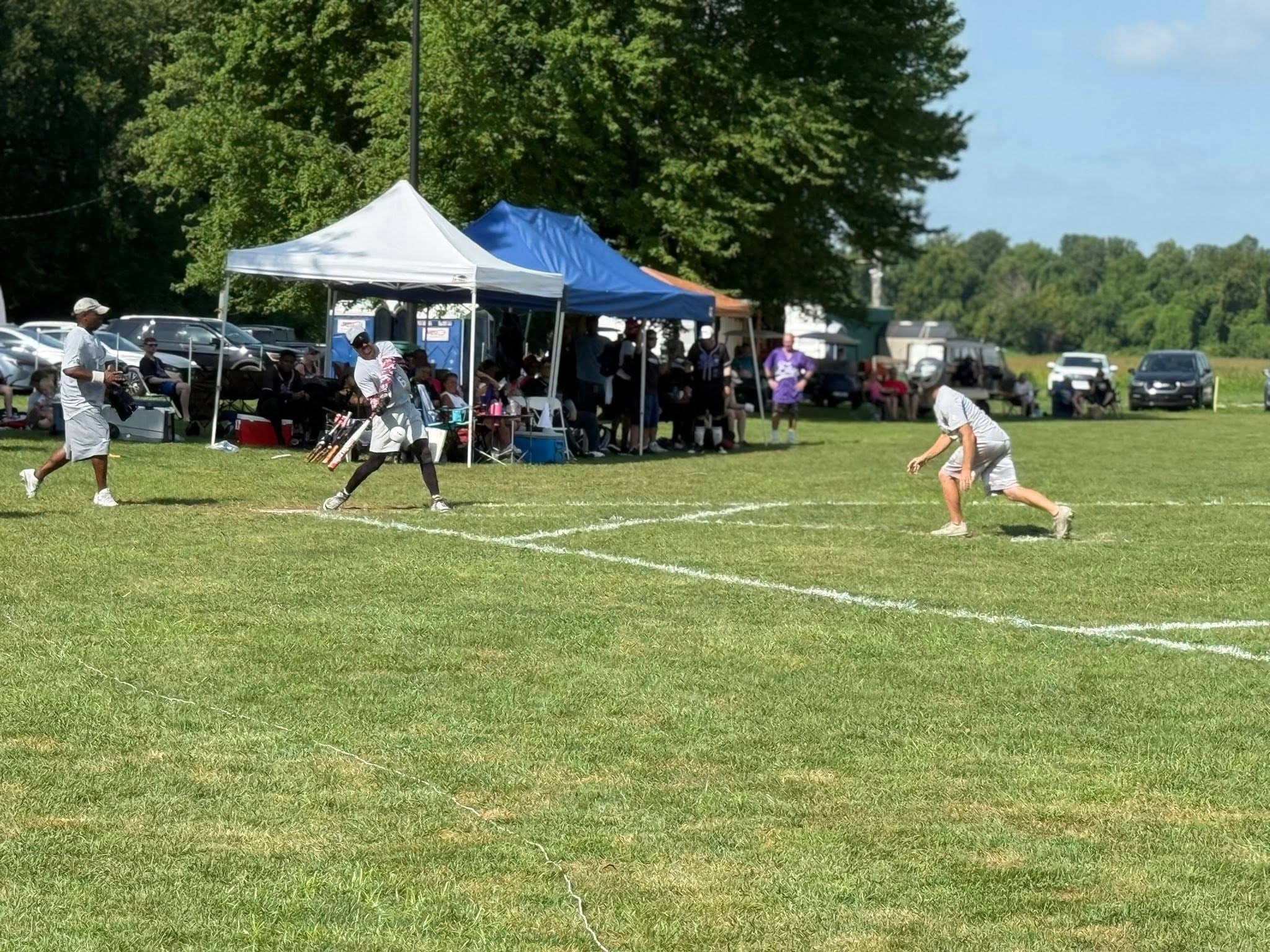 Justin Holland hitting at the 2025 Beepball World Series